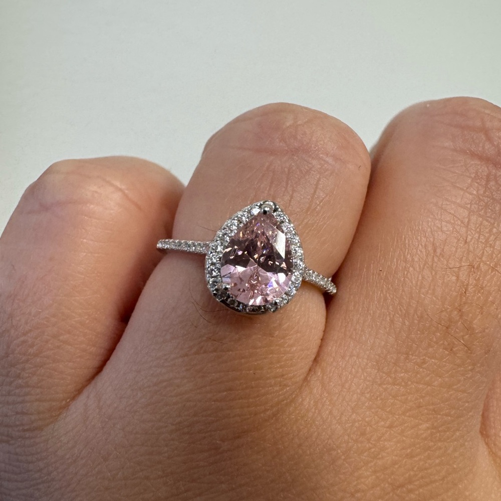 Pink Topaz Halo Teardrop Ring, Sterling Silver